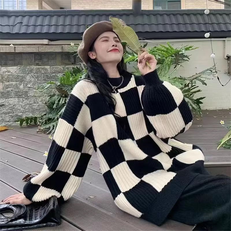 Long Sleeve Plaid Checkered Knitted Sweater