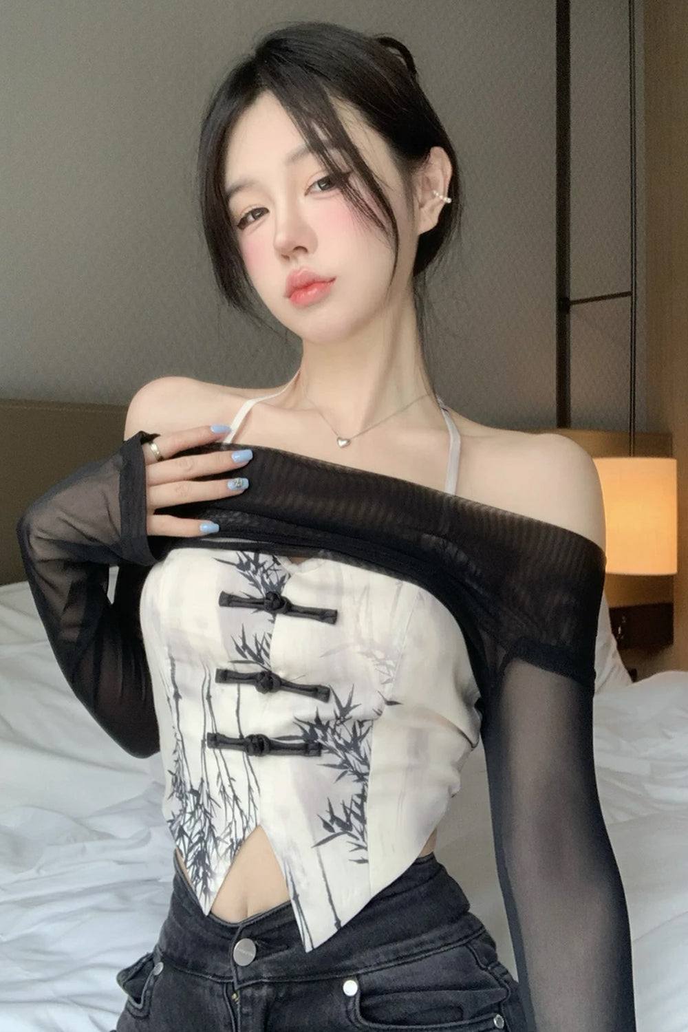 Long Sleeve Black Shawl Camis Crop Tops Set