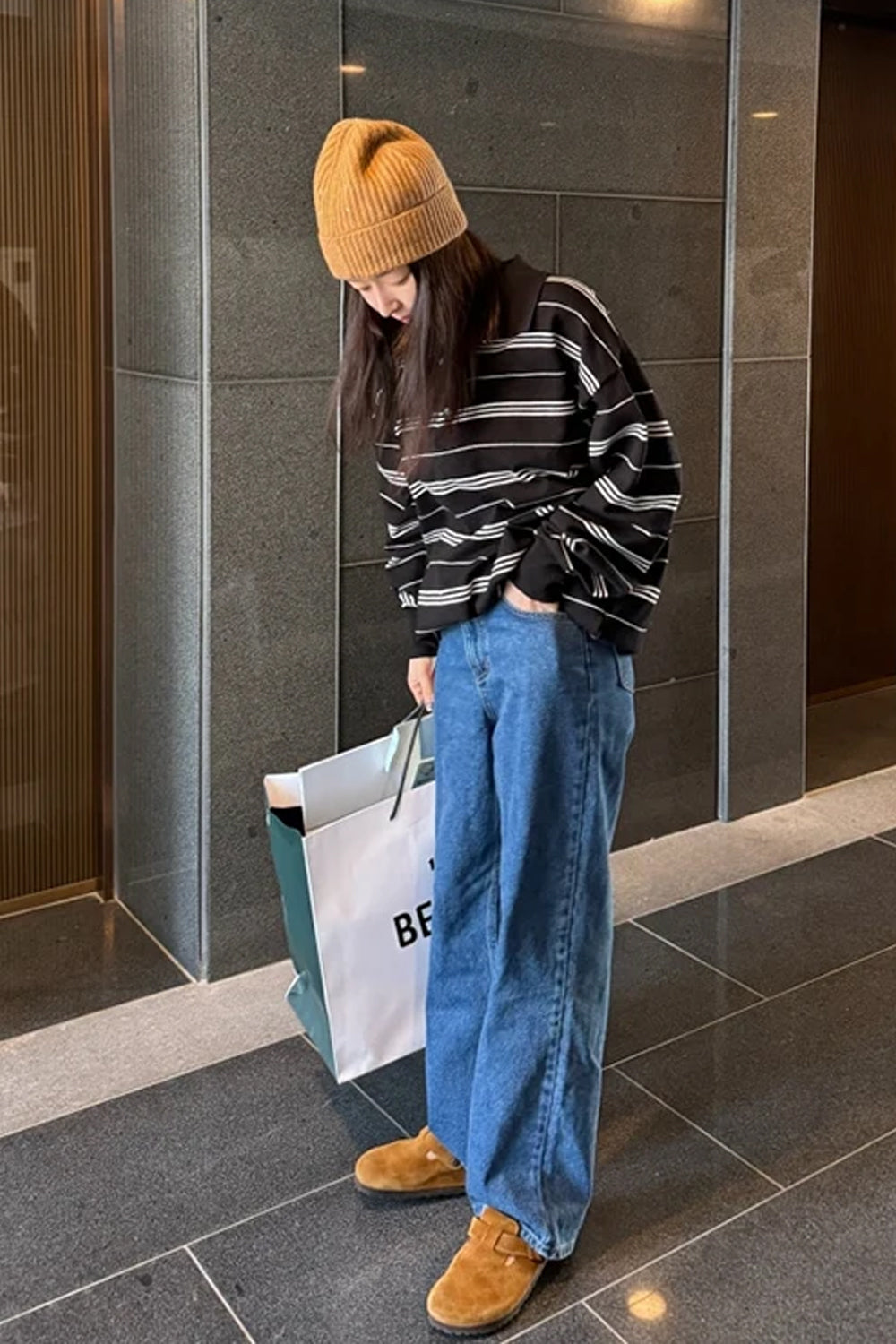 Long Sleeve Turn Down Collar Striped Sweater