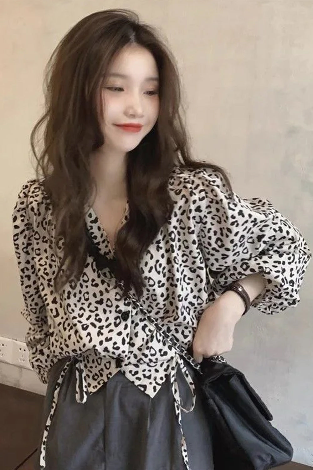 V-Neck Leopard Pattern Lace Up Slim Blouse Shirt