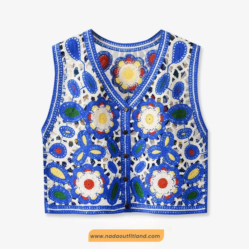 Sleeveless Floral Embroidered Blue Crochet Vest Sweater