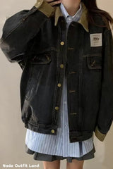 Long Sleeve Corduroy Patchwork Retro Denim Jacket