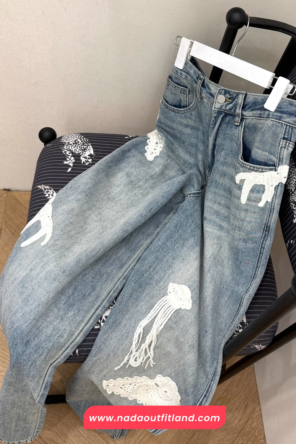 High Waist Loose Vintage Lace Embroidered Jeans Pants