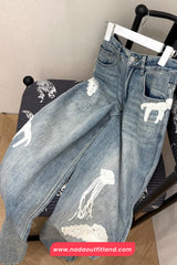 High Waist Loose Vintage Lace Embroidered Jeans Pants