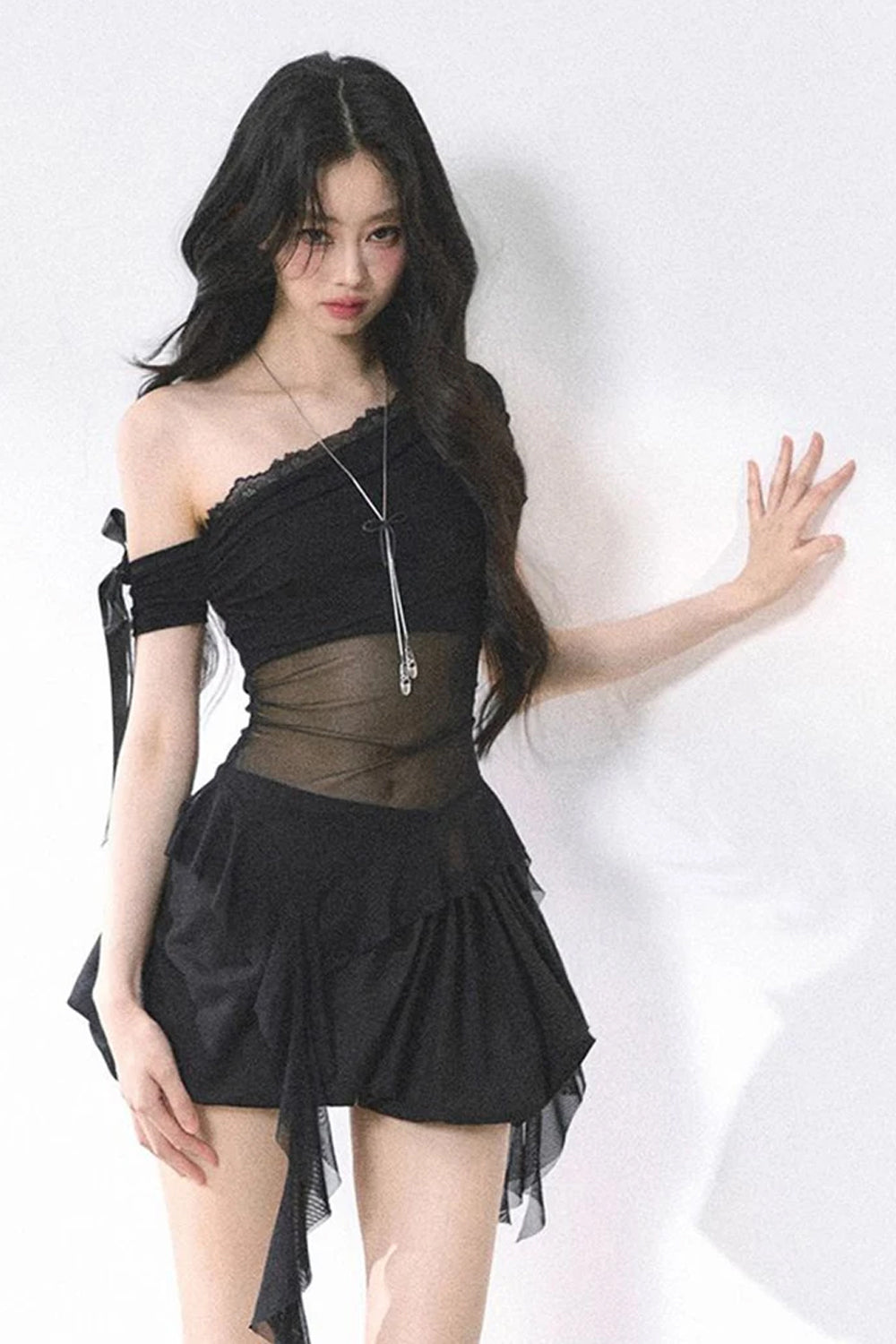 Sexy Skew Collar Mesh Transparent Irregular Shirts