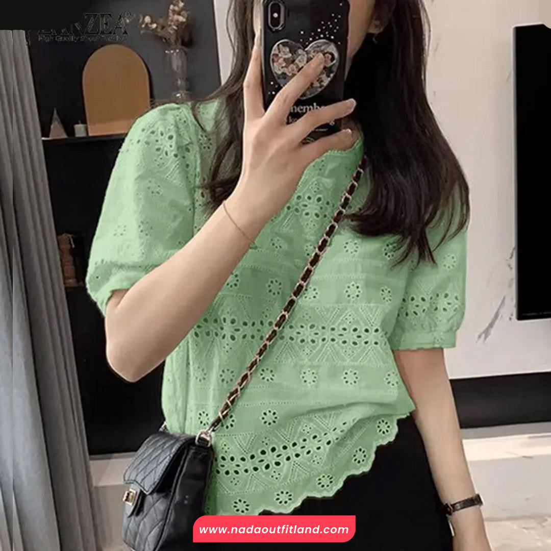 Short Sleeve O-Neck Hollow Out Crochet Shirts