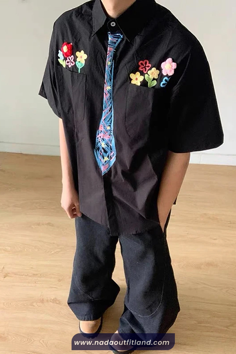 Short Sleeve Floral Embroidered With Tie Graphic Printed Blouse Shirt