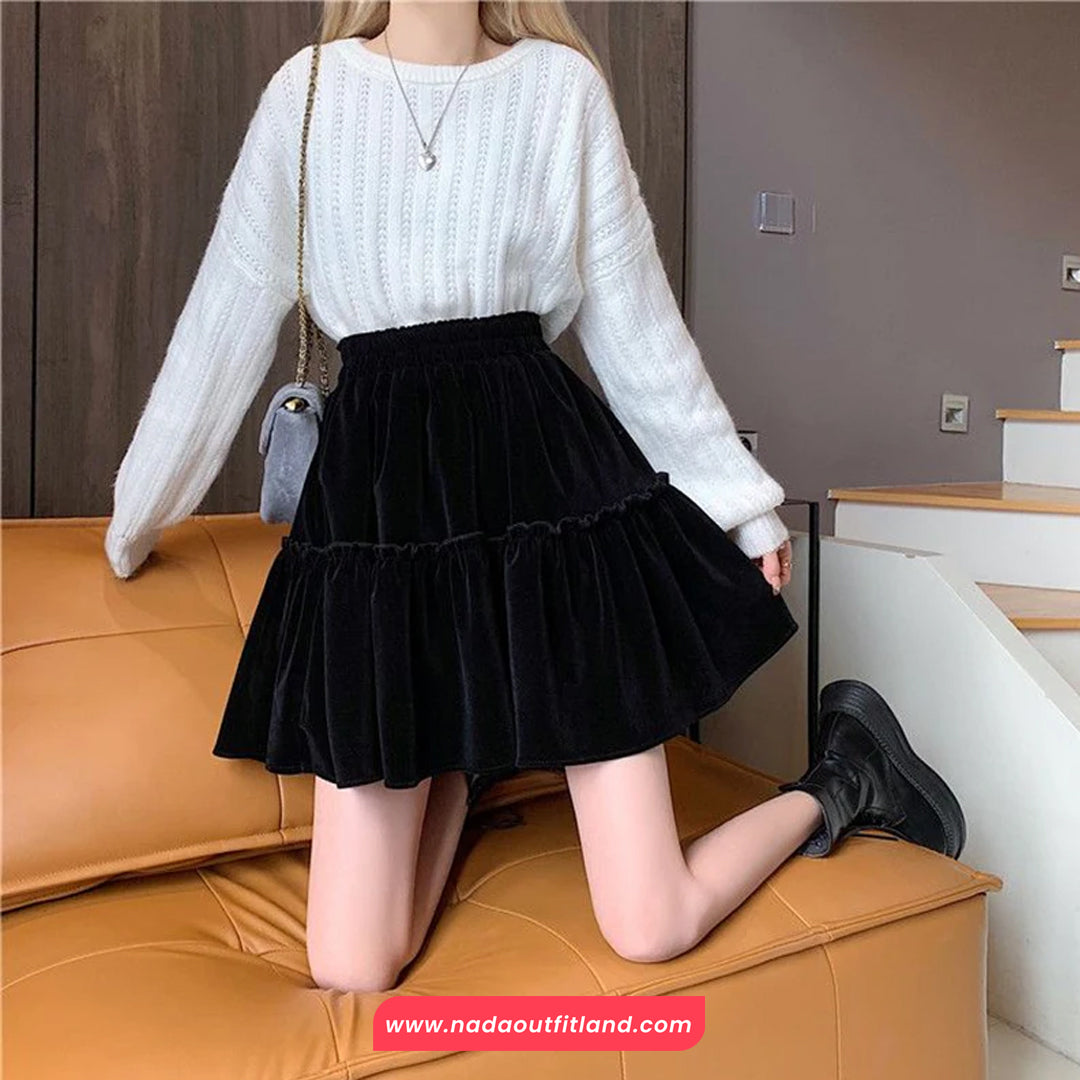 High Waist Solid A-Line Velvet Mini Skirts