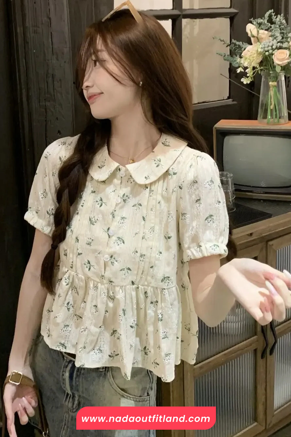 Short Sleeve Floral Pattern Doll Collar Shirt