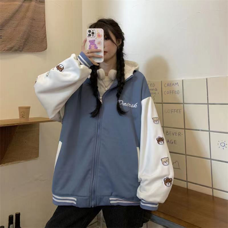 Bear Sleeve Printed Hooded Baseball Jackets