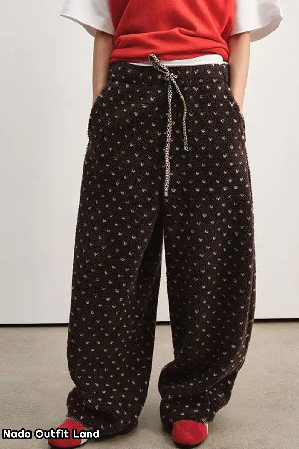 Loose Polka Dots Pattern Lamb Woolen Thick Pants