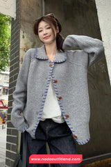 Long Sleeve Turn Down Collar Striped Cardigan Sweater