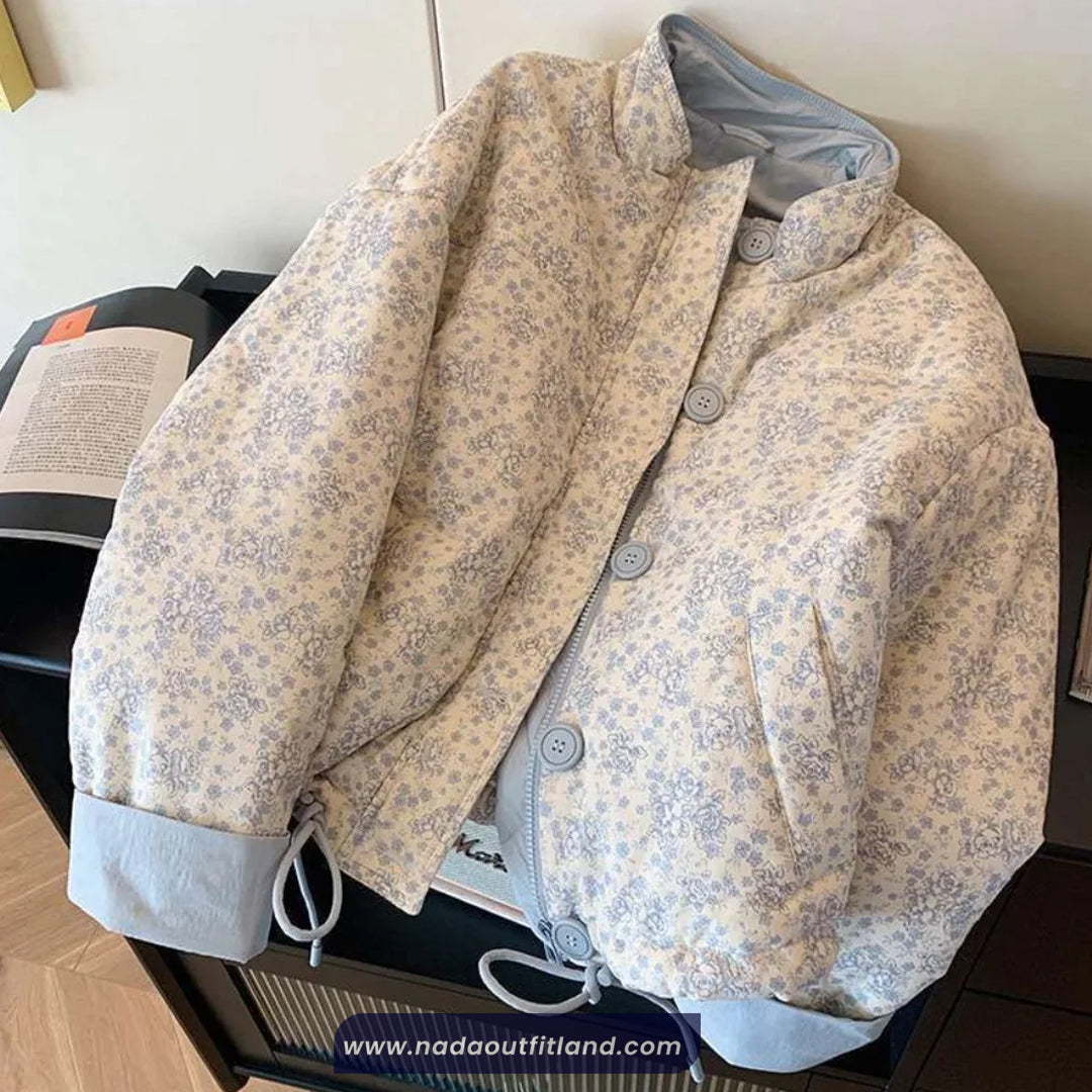Stand Collar Floral Pattern Thick Warm Jacket