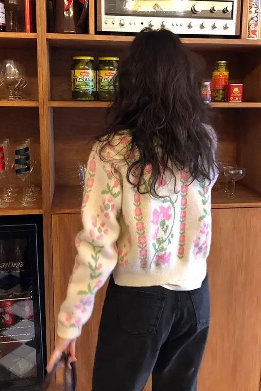 Long Sleeve Pink Floral Pattern Cardigan Sweater
