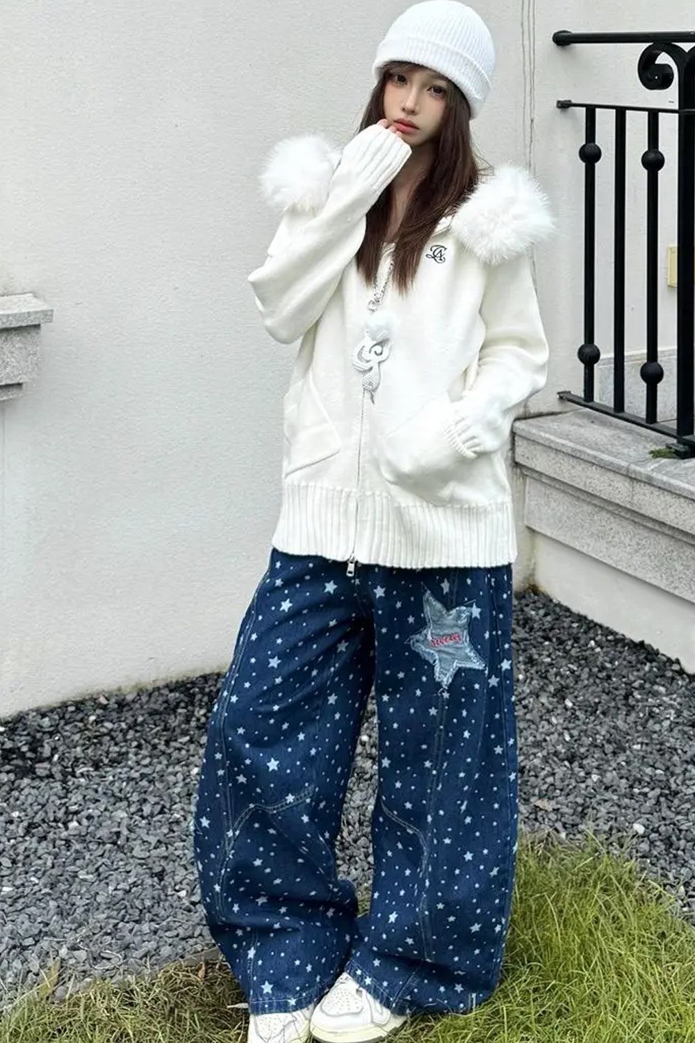 Loose Retro Stars Pattern Patchwork Washed Blue Jeans Pants