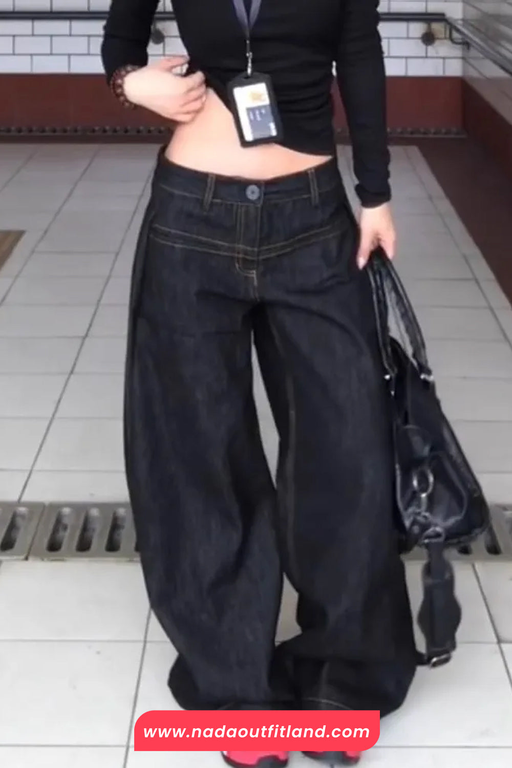 High Waist Washed Black Style Loose Jeans Pants