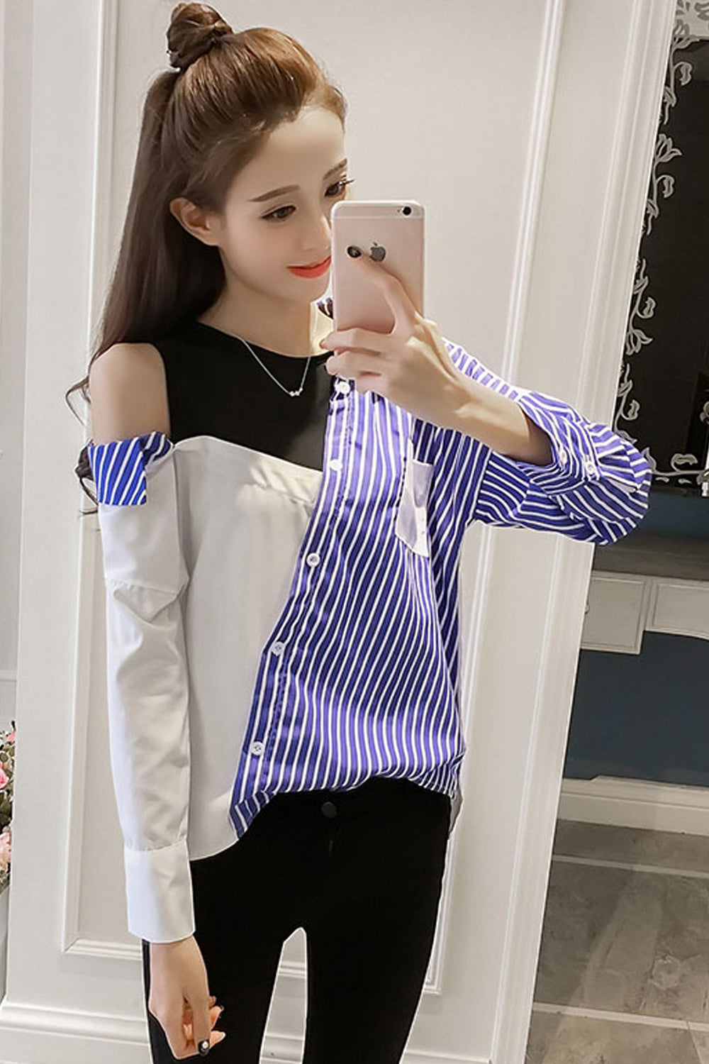 Long Sleeve Striped Cut Side Shoulder Blouse Shirt