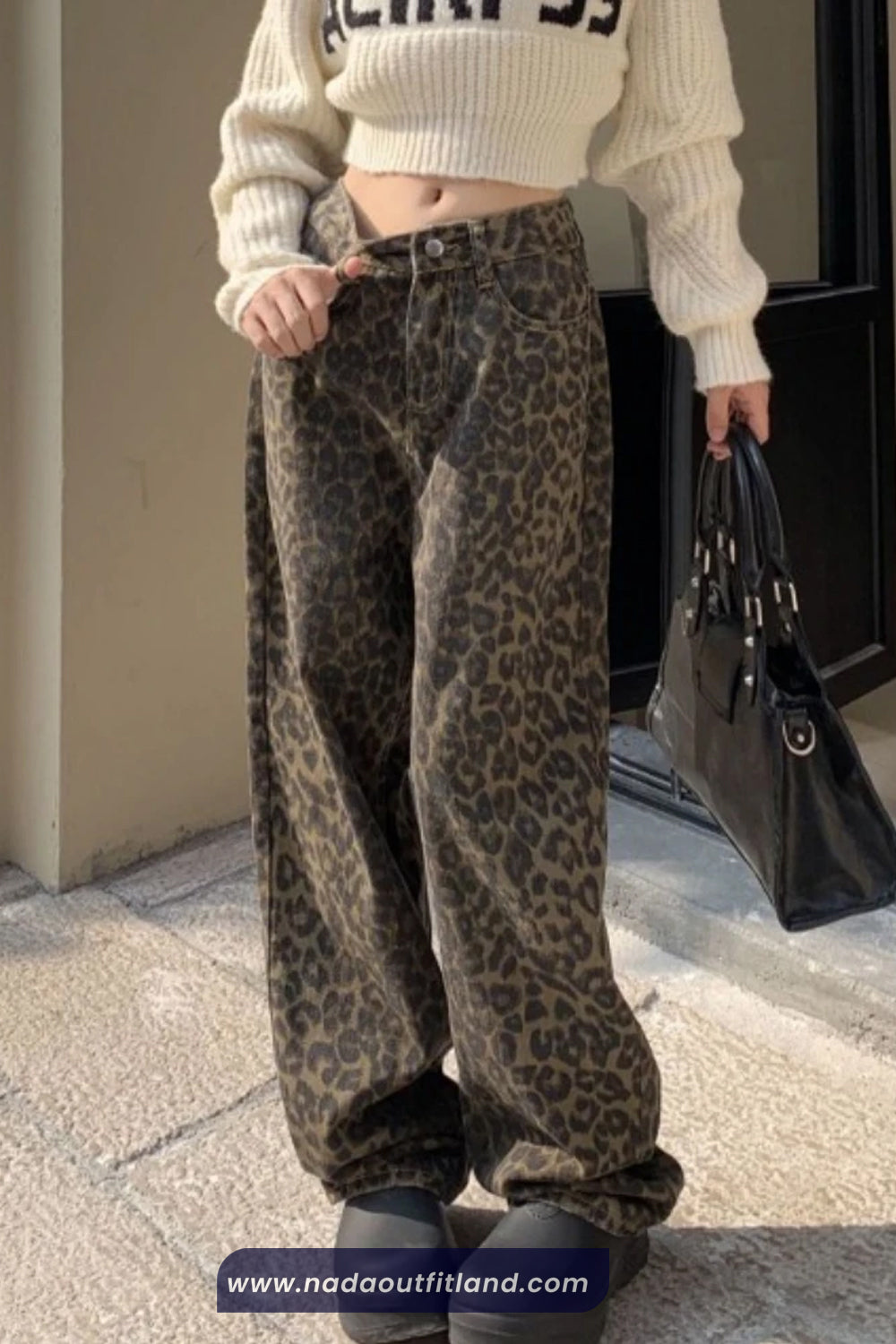 High Waist Leopard Pattern Loose Jeans Pants