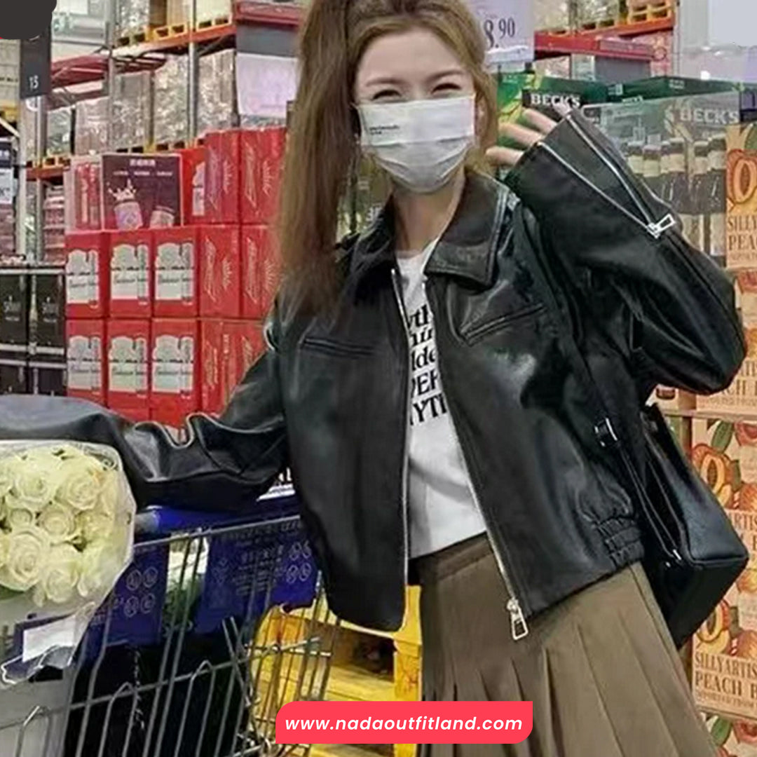 Long Sleeve Turn Down Collar Black Leather Cropped Jacket