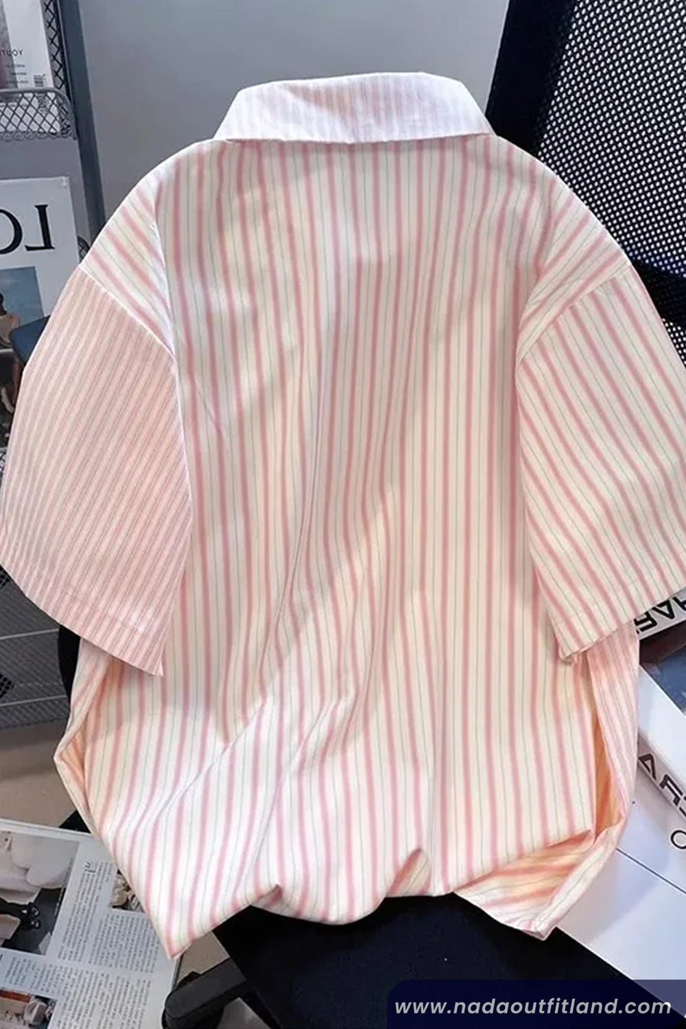 Short Sleeve Stars Button Pink Striped Blouse Shirt