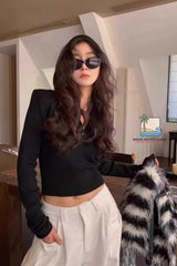 Sexy V-Neck Button Hooded Cropped Sweater