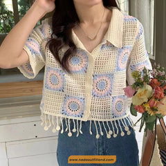 Short Sleeve Turn Down Collar Flower Pattern Crochet Shirts