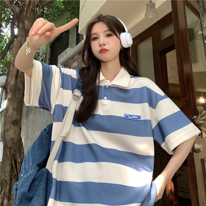 Loose Striped Colors Collar Shirt