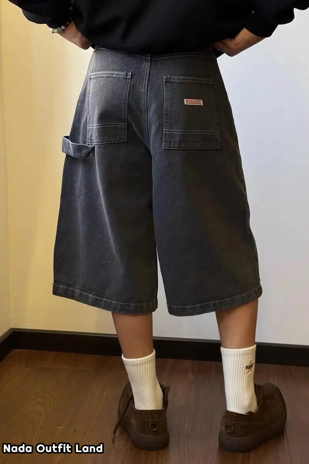 Vintage Knee Length Washed Black Denim Shorts