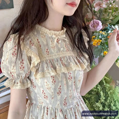 Short Sleeve Vintage Stand Collar Floral Pattern Mini Dress