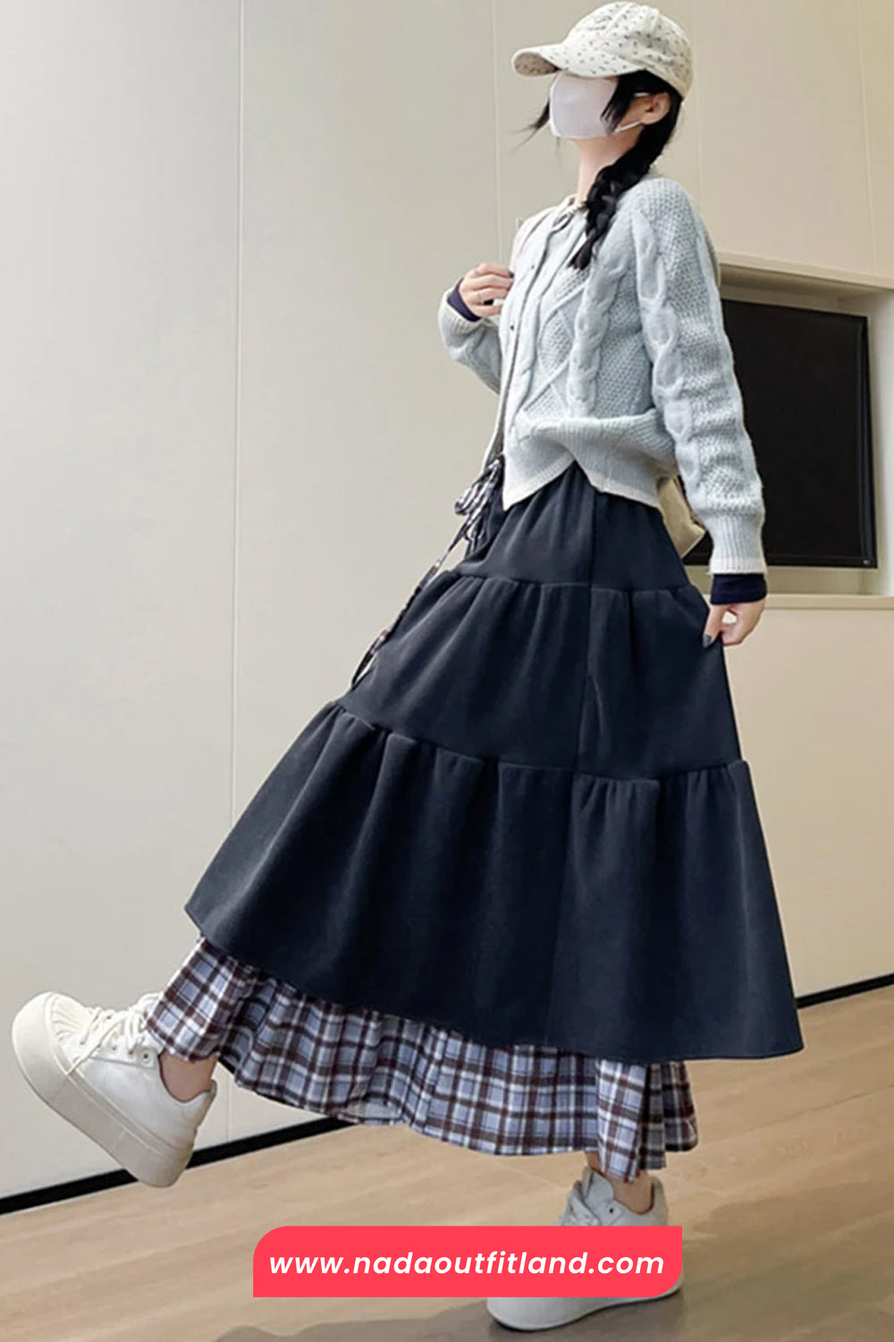 High Waist Retro Plaid Patchwork Corduroy Fake Two Long Skirts