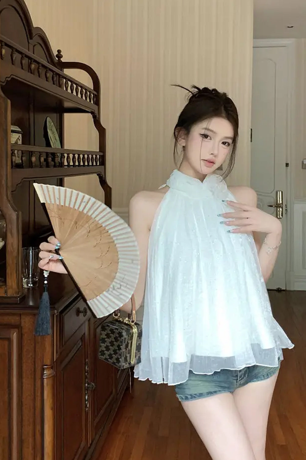Loose Flower Halter Neck Mesh Sleeveless Blouse Shirt