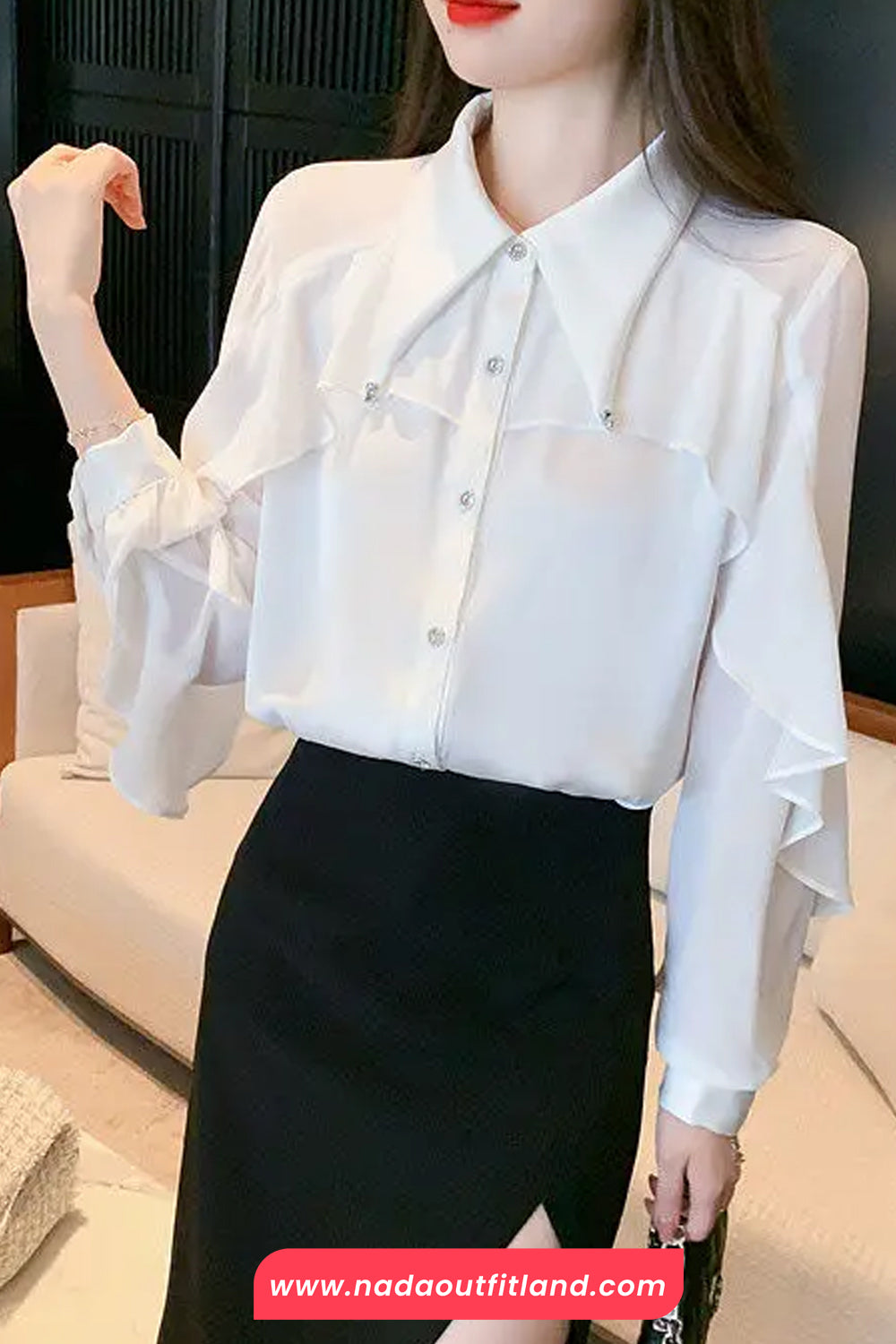 Long Sleeve Ruffled Style Chiffon Blouse Shirts