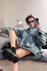 Loose Oversized Denim Hooded Sweatshirt
