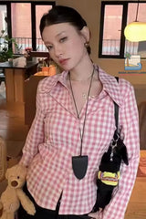 Flare Sleeve Turn Down Collar Pink Plaid Blouse Shirt
