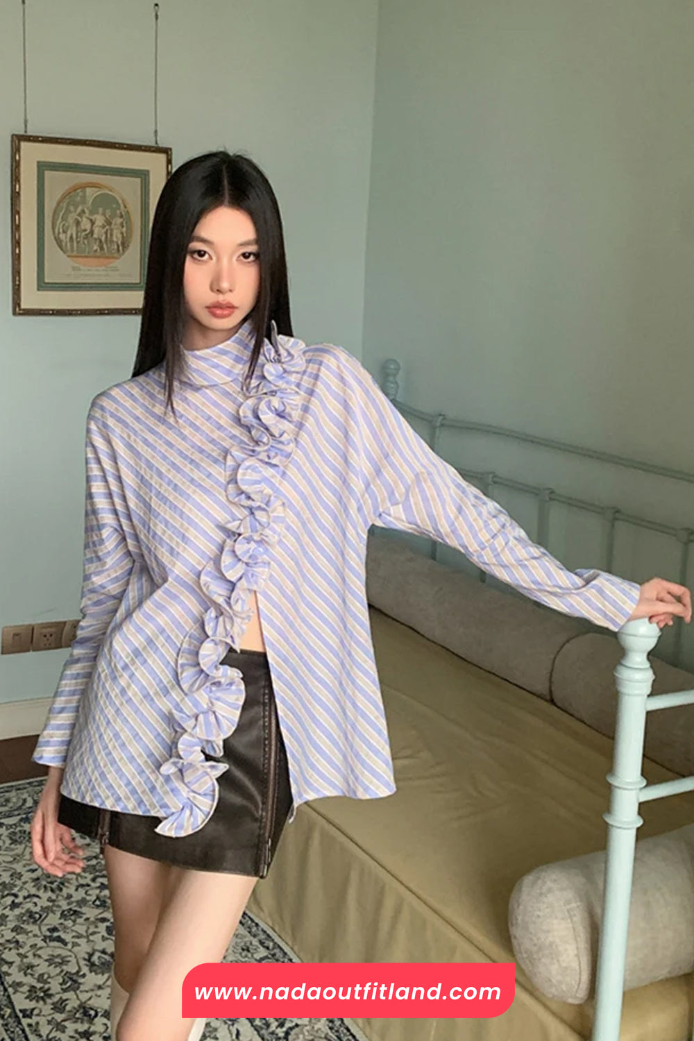 Long Sleeve Vintage Striped Ruffles Irregular Blouse Shirt