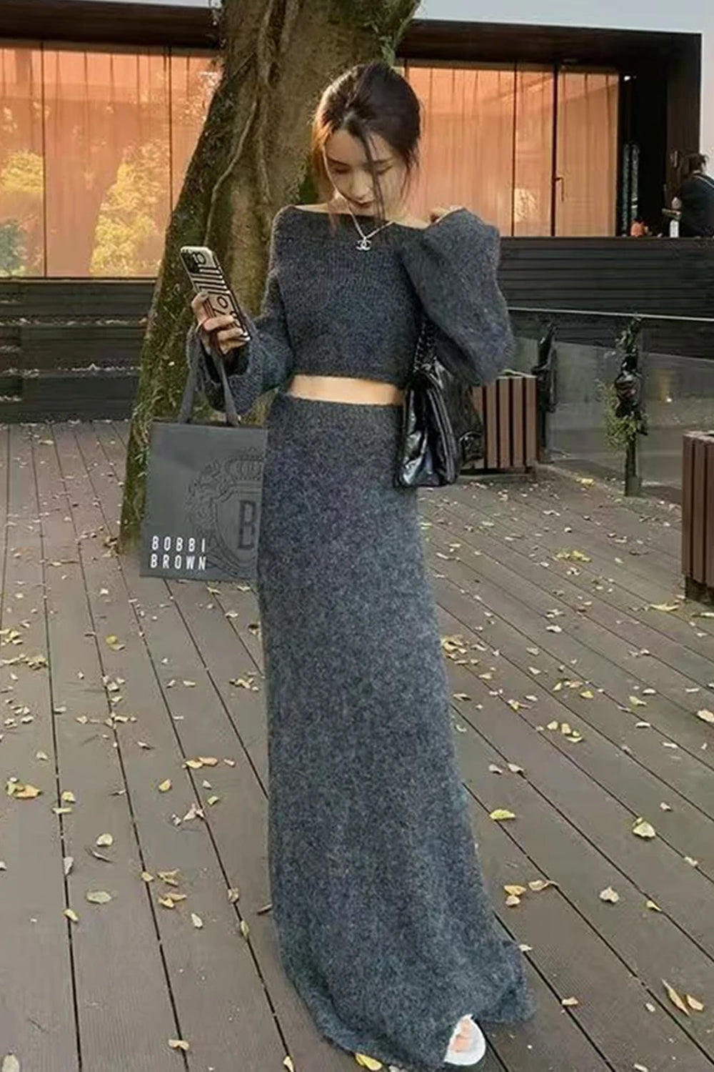 2 Piece Sexy Slash Neck Sweater With Long Knitted Skirts