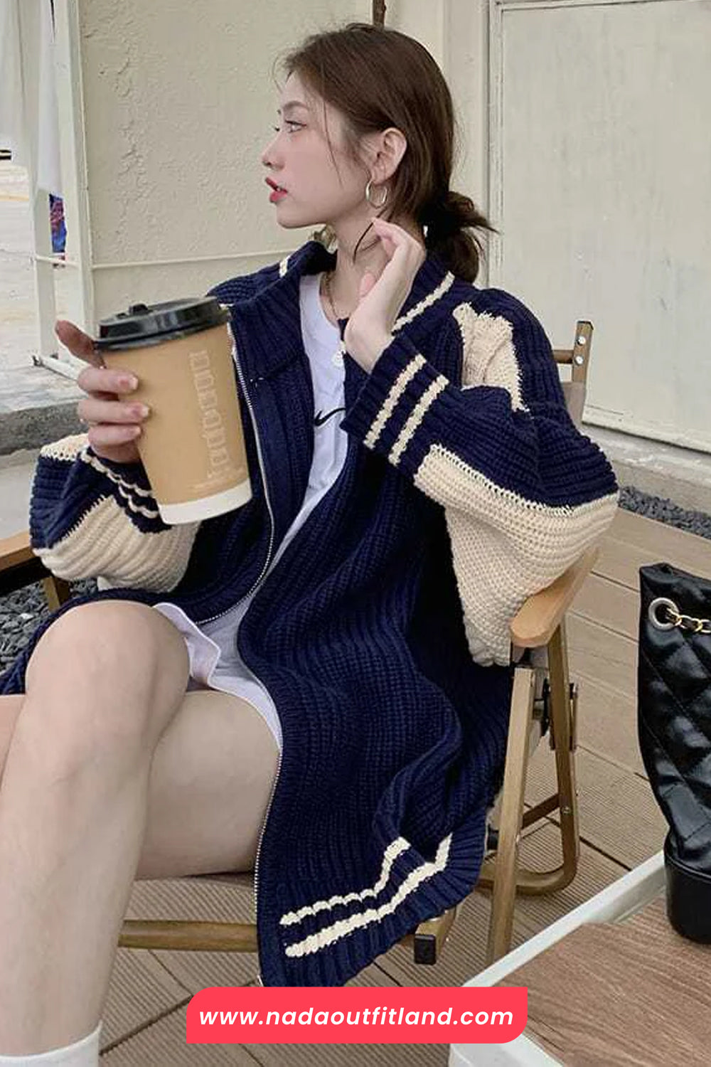 Long Sleeve Retro Striped Knitted Zipper Cardigan Sweater