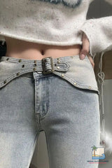 High Waist Rivet Slim Flare Grey Denim Pants