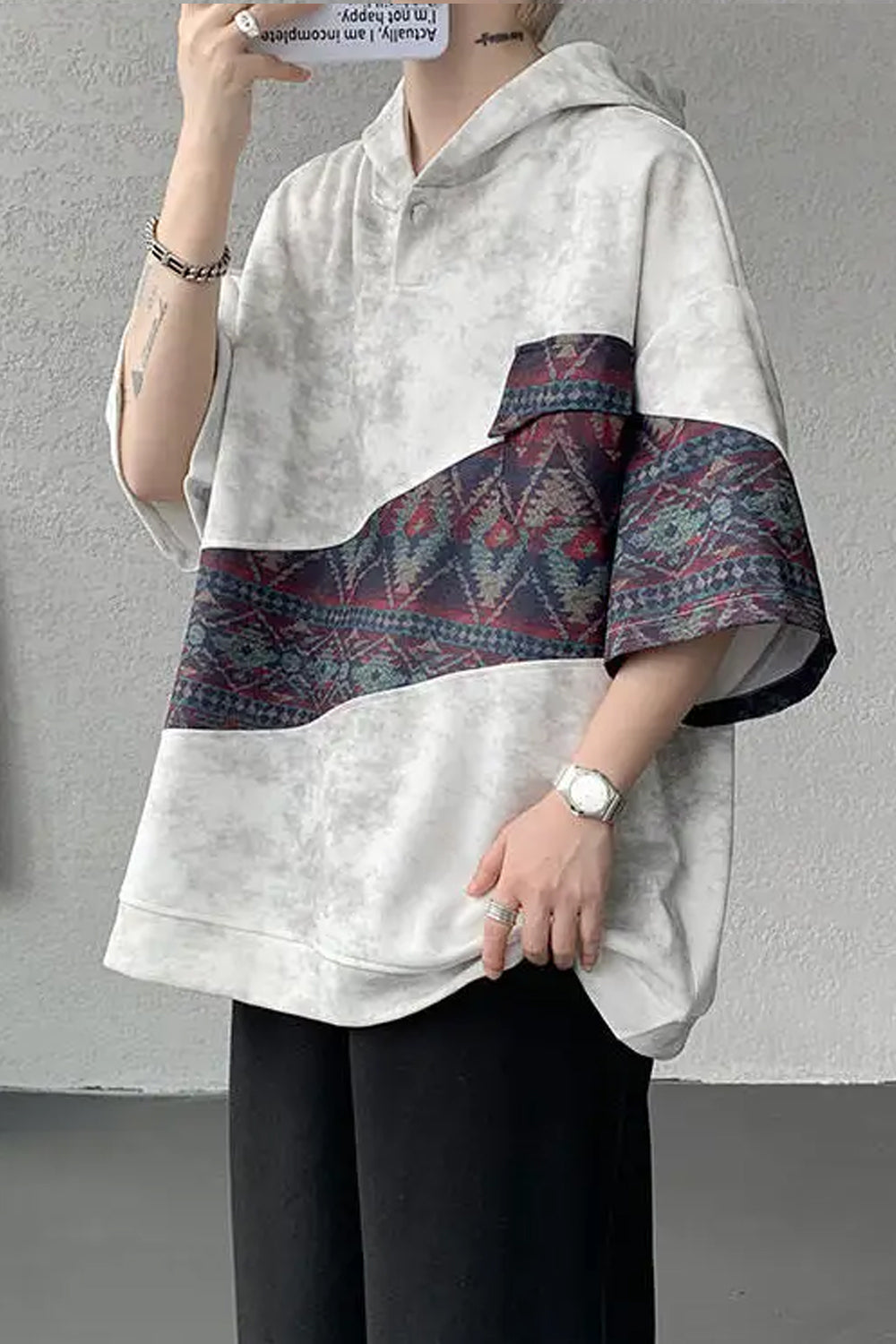 Retro Ethnic Oversized Hooded Shirt â€?Vintage Streetwear Statement Piece
