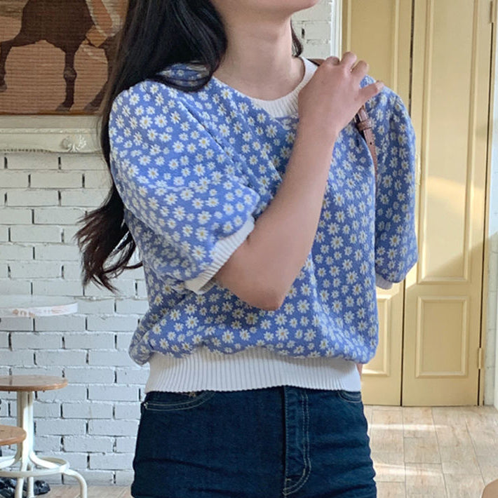 Daisy Printed Puff Sleeve Slim Shirt