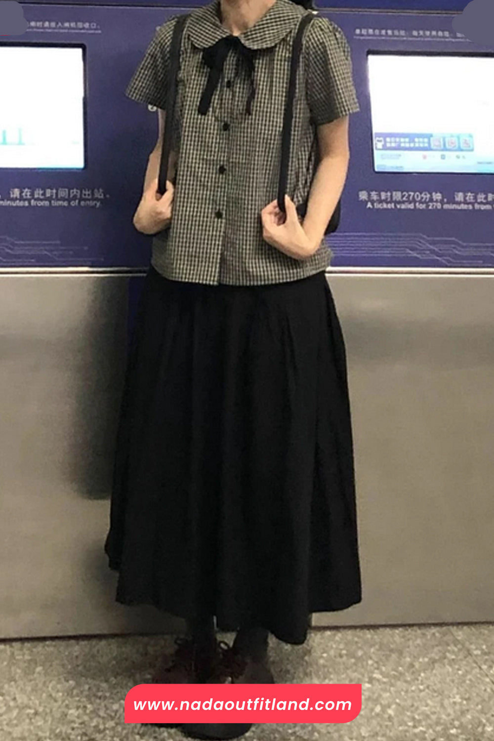Short Sleeve Doll Collar Plaid Pattern Blouse Shirt