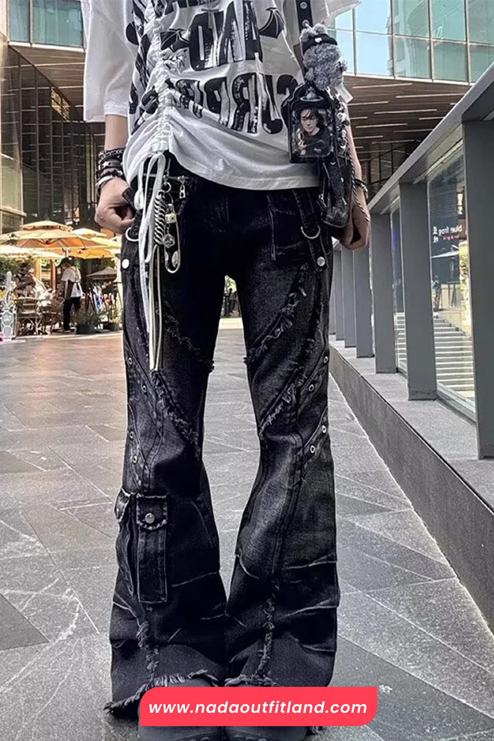 High Waist Black Hip Hop Retro Cargo Pockets Flare Jeans Pants