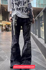 High Waist Black Hip Hop Retro Cargo Pockets Flare Jeans Pants
