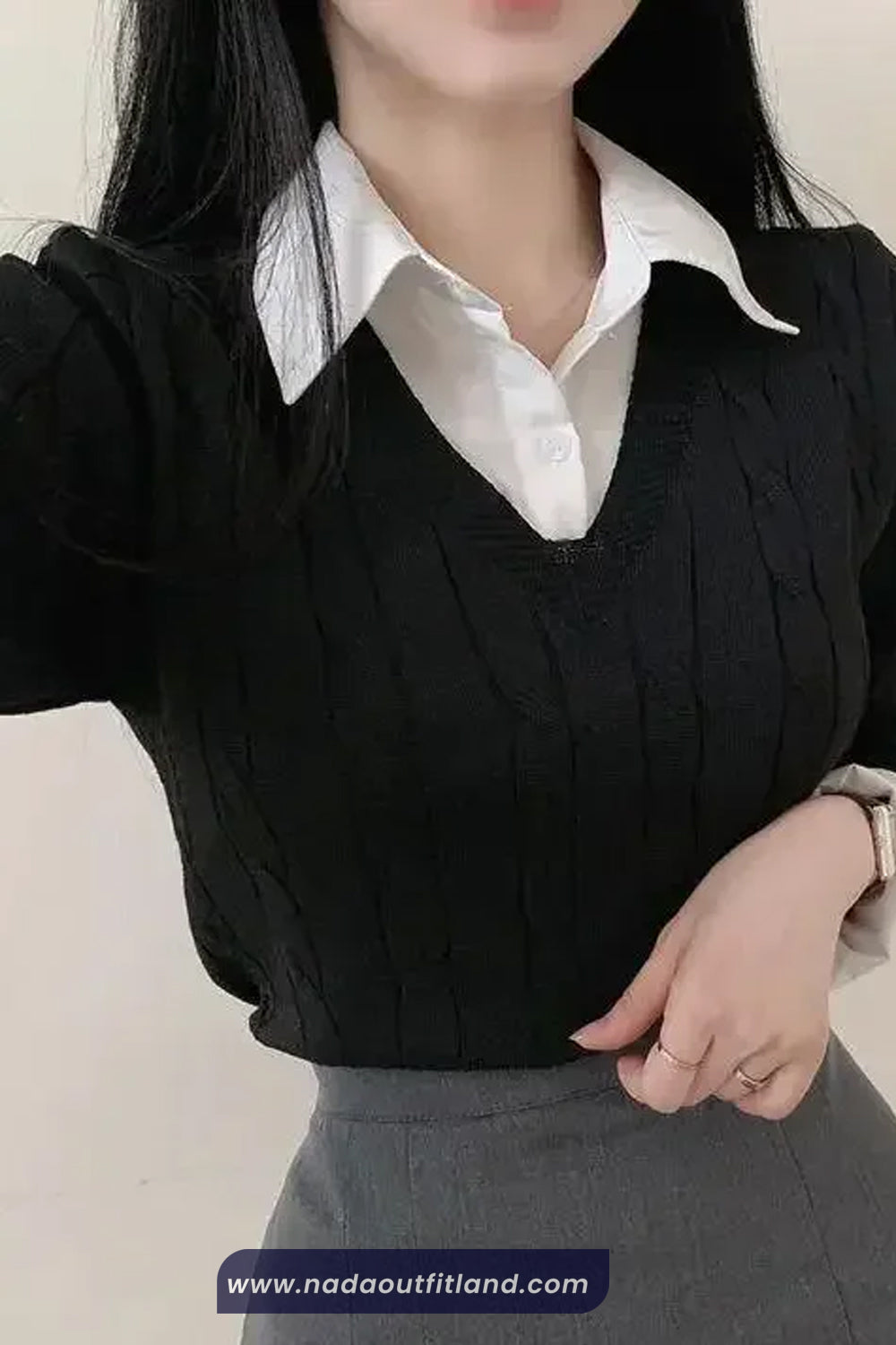 Two Piece Style Collar Shirt V-Neck Sweater