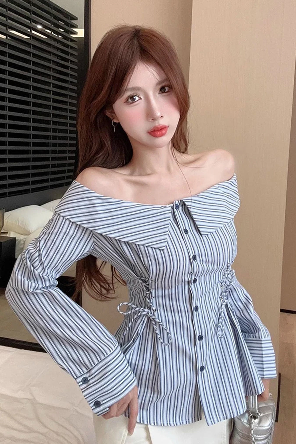 Slash Neck Off Shoulder Striped Slim Blouse Shirt