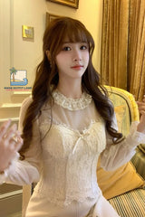 Long Sleeve Vintage Elegant Mesh Transparent Lace Cropped Blouse Shirt