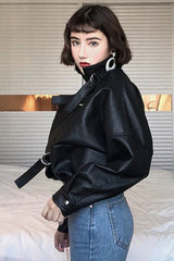 Batwing Sleeve Black Leather Jacket â€?Cropped Edgy Statement Outerwear