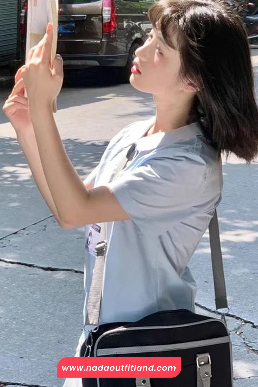 Short Sleeve Turn Down Collar Blue Blouse Shirt