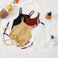 Solid Knitted Backless Tie Camis Crop Tops