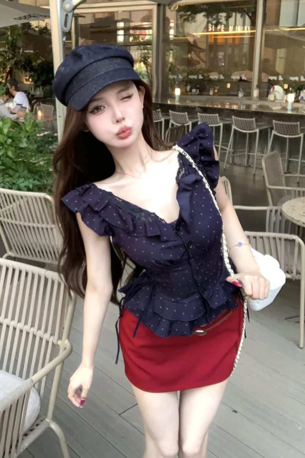 Sexy Slash Neck Dots Pattern Ruffle Cropped Blouse